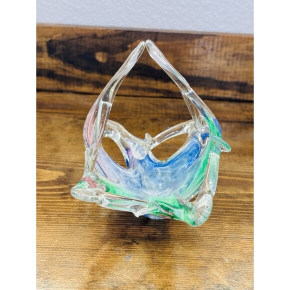 Vintage Murano Pastel Rainbow Swirl Hand Blown Art Glass Basket Bowl - Picture 3 of 5